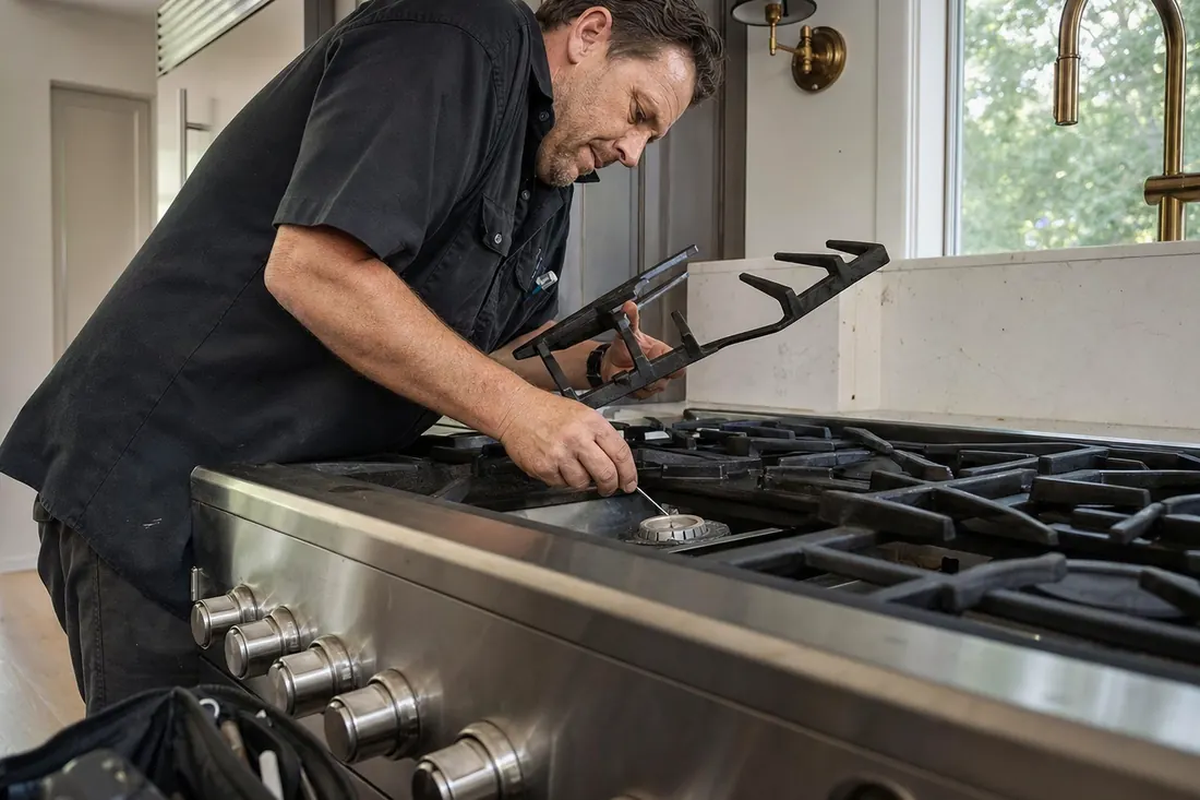Technician checking a sealed burner on a professional gas range, one grate lifted, the sealed burner visible in the picture - Thunderstorm season and appliance control boards